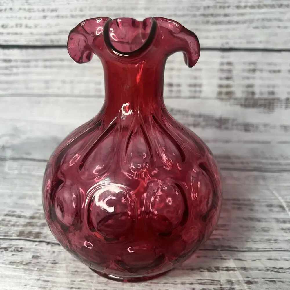 Vintage Fenton Cranberry Red Thumbprint Glass Pitcher with‎ Flared Rim 6.5